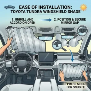 Step-by-step visual guide demonstrating how quickly a single person can install a toyota tundra windshield sun shade.