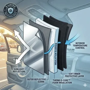 Detailed diagram showing the 5-layer thermal insulation technology used in the best ram 1500 sun shade.
