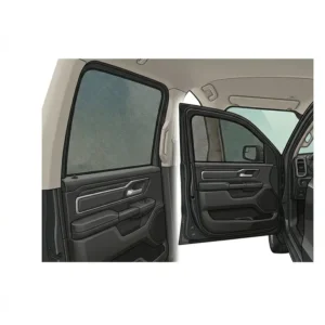 Set of mesh ram sun shade designed for the driver and passenger side windows of a crew cab.