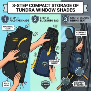 Illustration showing a pair of toyota tundra window shades being folded into a compact storage bag for easy stowing.