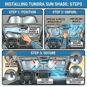 Simple three-step guide on how to install a tundra sun shade using the truck's sun visors.