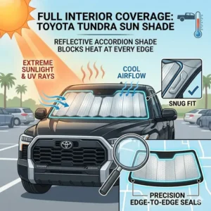 An exterior view looking through the glass, showing the perfect, edge-to-edge coverage of a toyota tundra windshield sun shade.