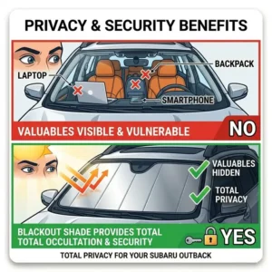 Visual showing the privacy and security benefits of using a blackout subaru outback windshield shade.