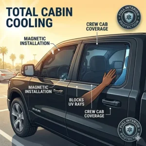 Complete cabin protection featuring the front windshield and side window versions of the best ram 1500 sun shade.