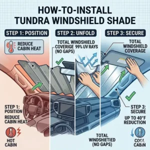 Illustration of a tundra windshield shade being used in winter to prevent frost and snow buildup on the glass.