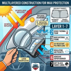 A cross-section diagram of the multi-layered reflective material used in high-quality toyota tundra window shades.