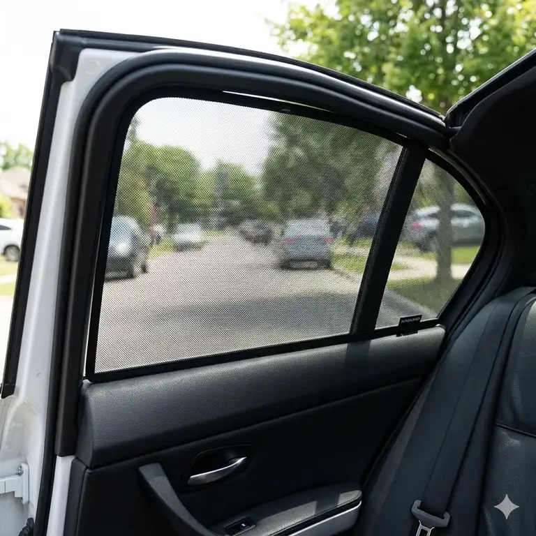 Custom fit rear car shades installed on the back window of a white sedan to block out sunlight.