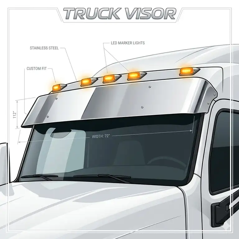 A high-quality polished stainless steel truck visor mounted on a modern semi-truck cab.