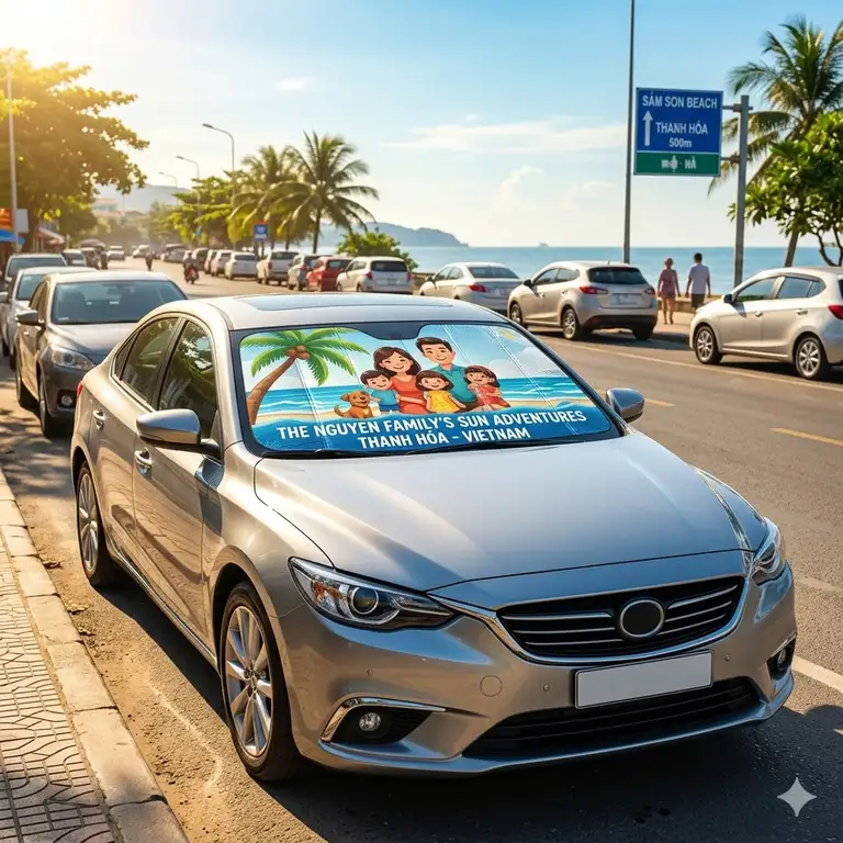 A sleek black sedan parked on a sunny street featuring a personalized car sun shade across the front windshield to block UV rays and keep the interior cool.