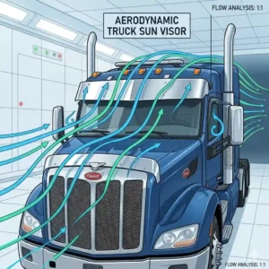 Illustration showing the aerodynamic airflow over a sleek truck sun visor to improve fuel efficiency and reduce drag
