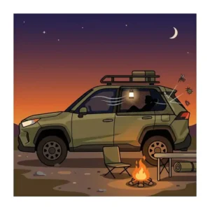A car at a campsite with windows rolled down and car window screens installed to allow airflow while keeping bugs out.