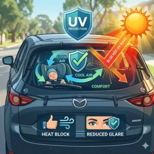 Illustration of a rear window car sunshade blocking harmful UV rays and reducing cabin temperature inside a sedan.