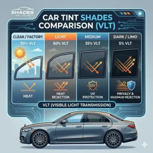 A graphic illustration comparing different percentages of shades car tinting from dark limo tint to light ceramic film.