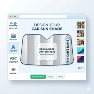 Graphic illustration of an online design software screen showing a template used to create personalized car sun shades with text and custom photo options.