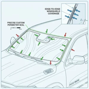 Diagram showing the edge-to-edge coverage of a custom-fit ram 1500 windshield sun shade.