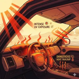 Graphic illustration of UV rays causing heat buildup inside a car before using a retractable vehicle sun shade.