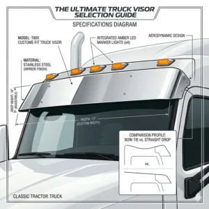 Technical specifications diagram showing the mounting points for a heavy-duty truck visor.