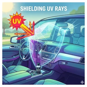 A digital diagram showing how a car interior protector shields the dashboard from harmful UV rays.