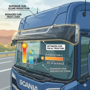 An infographic showing how a lorry sun visor blocks direct sunlight glare and reduces cabin heat for safer highway driving.