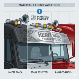 Three style variations of a truck cab visor highlighting polished stainless steel, matte black plastic, and paint-to-match finishes.