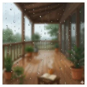 Close-up of water droplets on a window rain purch background with a blurred outdoor deck.