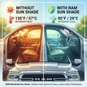 Infographic showing interior heat reduction when using a ram windshield sun shade compared to an unprotected cabin.