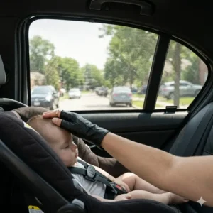 A mother checking on her baby in a car seat protected by rear car shades from intense UV rays.