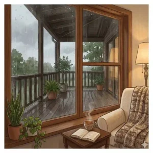 An indoor reading nook by a cozy window rain purch setup showing rain falling outside.