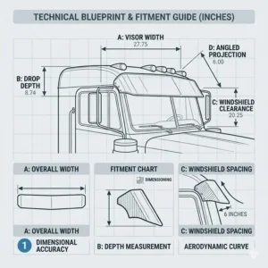 Technical blueprint diagram showing windshield clearance measurements and dimensions for a semi truck cab visor.