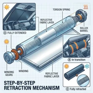Step-by-step diagram illustrating the smooth retraction mechanism of an automatic retractable vehicle sun shade.