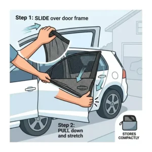 Simple instructional diagram showing how to slide the sock-style car window screens over the rear door frame.