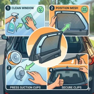 Infographic diagram demonstrating how to attach a rear window car sunshade using suction cups and mesh fabric clips.