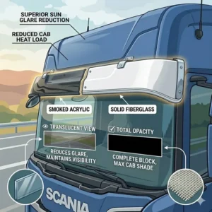 A side-by-side material comparison of a translucent black acrylic lorry sun visor and a paintable solid fiberglass model.