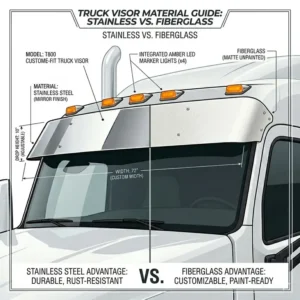 Visual comparison between a stainless steel and a fiberglass material truck visor option.