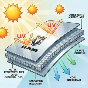 Illustration demonstrating how a ram windshield sun shade reflects harmful UV rays to protect the dashboard.