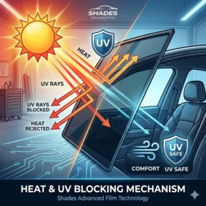 Diagram illustrating how different shades of car tinting block harmful UV rays and solar heat from entering the vehicle interior.