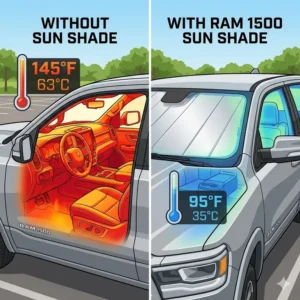 Infographic showing how a ram 1500 windshield sun shade significantly lowers cabin temperature.