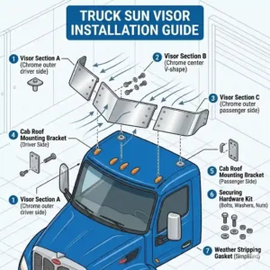 Technical diagram detailing the mounting brackets and hardware required for a DIY truck sun visor installation.