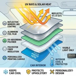 An informational infographic illustration demonstrating how the reflective layers of personalized car sun shades bounce back solar heat and harmful UV rays.