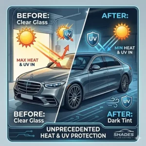 A side-by-side illustration of a vehicle before and after applying dark shades car tinting.