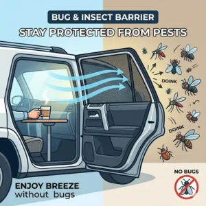 An illustration showing a car door open with mesh screens for vehicle windows acting as a bug and insect barrier while letting fresh air inside.