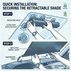 Illustration showing how to install a retractable vehicle sun shade using secure suction cups on a windshield.