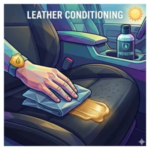 A hand applying a leather conditioning car interior protector to prevent surface cracking.
