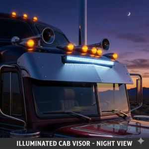 Illuminated amber LED lights integrated into a stainless steel truck cab visor during nighttime driving conditions.