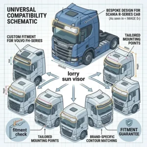 A technical schematic illustrating custom compatibility and fitment options of a lorry sun visor across different commercial vehicle brands.