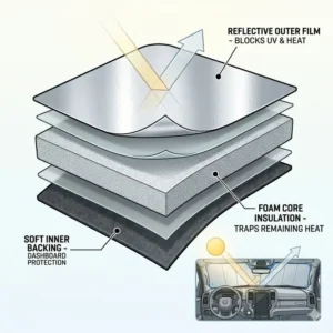 Detailed view of the multi-layer heat-reflective material used in a ram 1500 windshield sun shade.