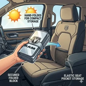A compact ram windshield sun shade being folded and stored easily in the vehicle door pocket.