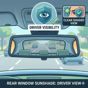 Driver perspective illustration looking through the rearview mirror with a transparent rear window car sunshade installed.
