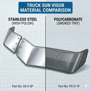 Side-by-side comparison illustration of a polished stainless steel truck sun visor and a smoked polycarbonate version.