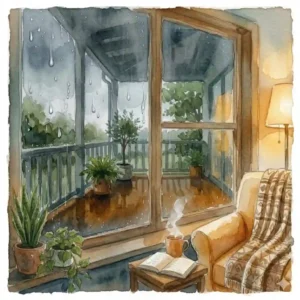Artistic watercolor illustration of a beautiful window rain purch view during a storm.